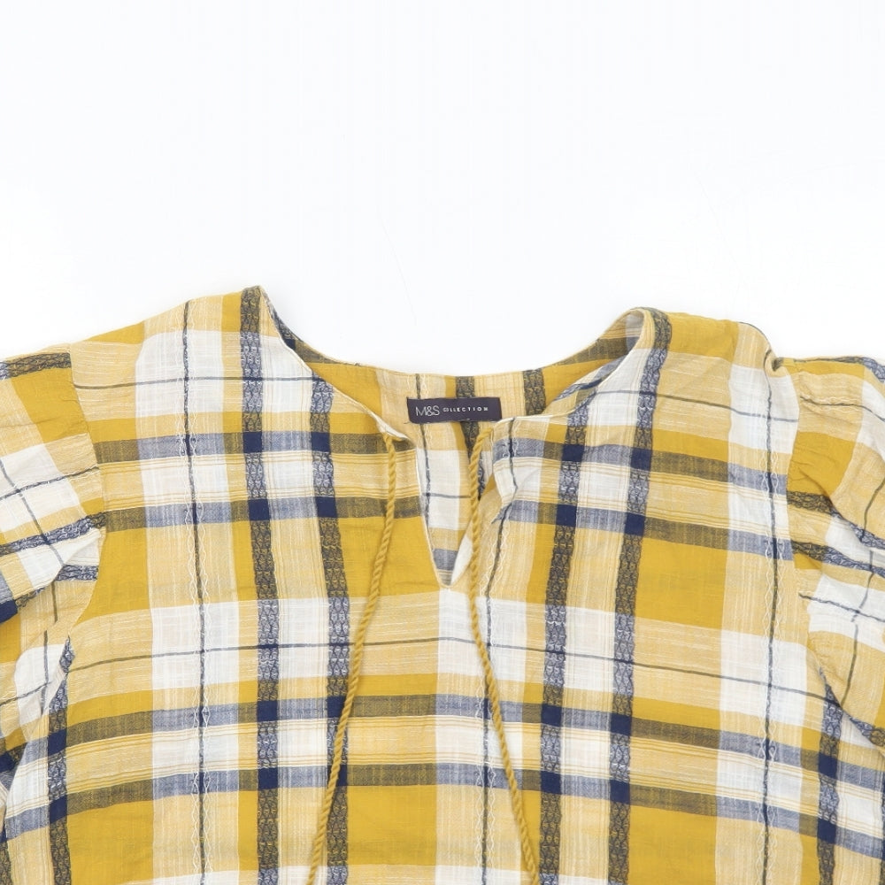 Marks and Spencer Womens Yellow Geometric Cotton Basic Blouse Size 12 V-Neck