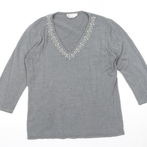 BHS Womens Grey V-Neck Acrylic Pullover Jumper Size 14