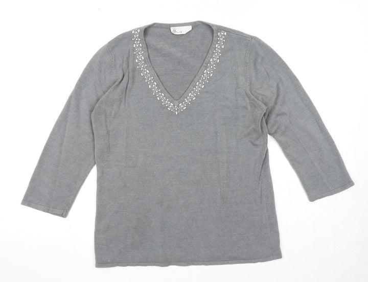 BHS Womens Grey V-Neck Acrylic Pullover Jumper Size 14