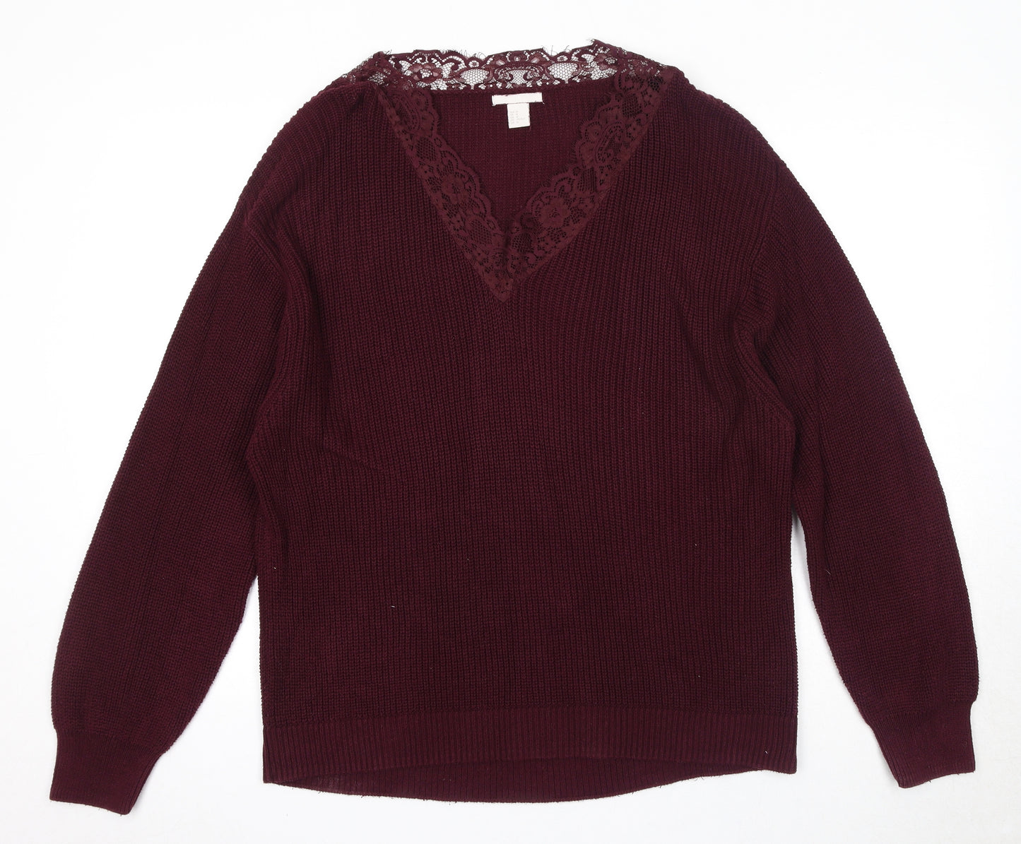 H&M Womens Purple V-Neck Cotton Pullover Jumper Size M - Lace Neckline