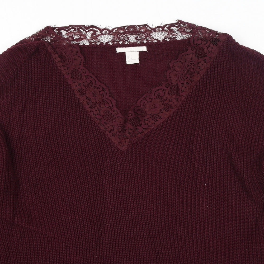 H&M Womens Purple V-Neck Cotton Pullover Jumper Size M - Lace Neckline