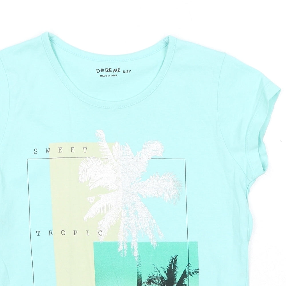 Dore Me Girls Blue Cotton Pullover T-Shirt Size 6-7 Years Round Neck Pullover - Palm Tree