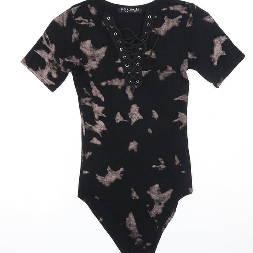 Select Womens Black Geometric Viscose Bodysuit One-Piece Size 8 Snap - Lace Up Front