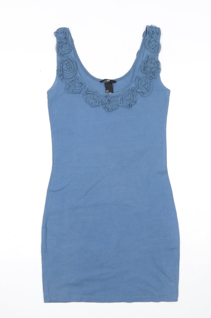 H&M Womens Blue Polyester Tank Dress Size S Round Neck Pullover - Flower Detail