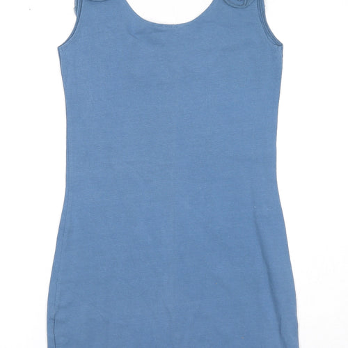 H&M Womens Blue Polyester Tank Dress Size S Round Neck Pullover - Flower Detail