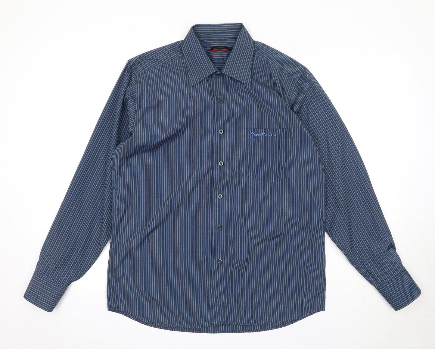 Pierre Cardin Mens Blue Striped Polyester Button-Up Size M Collared Button