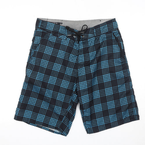 Interstate 405 Mens Black Plaid Polyester Bermuda Shorts Size S Regular Drawstring