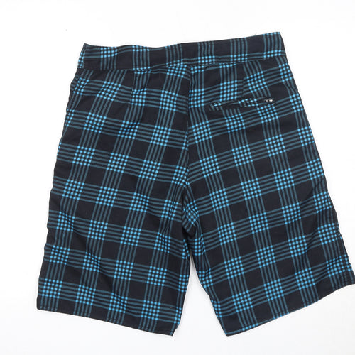 Interstate 405 Mens Black Plaid Polyester Bermuda Shorts Size S Regular Drawstring