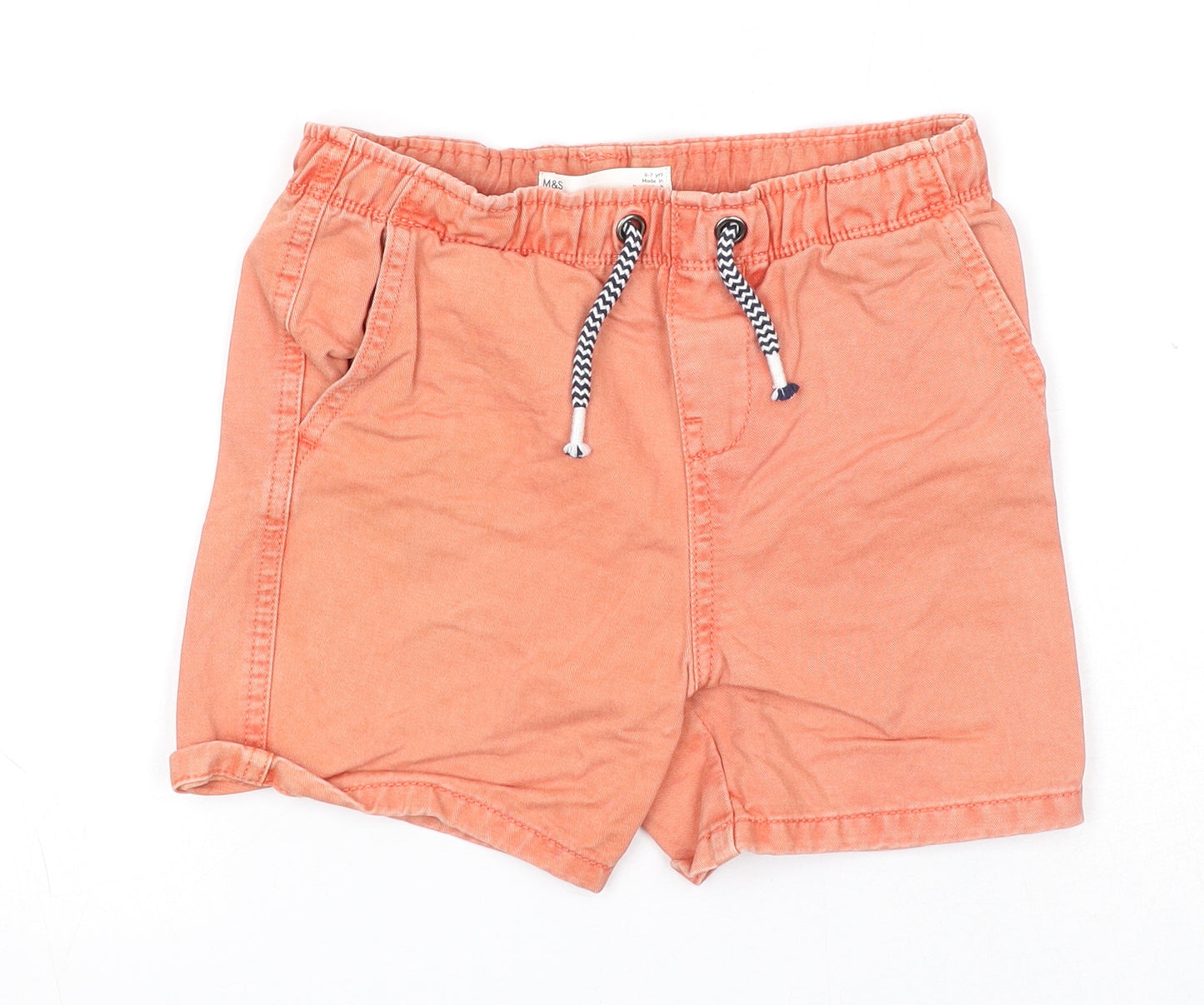 Marks and Spencer Boys Orange Cotton Chino Shorts Size 6-7 Years Regular Drawstring