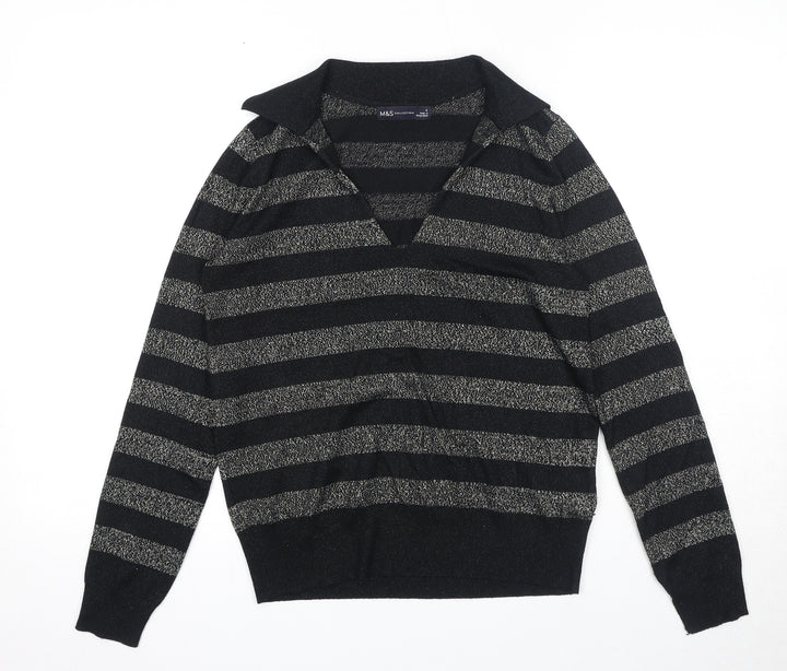 Marks and Spencer Womens Black Collared Striped Viscose Pullover Jumper Size S