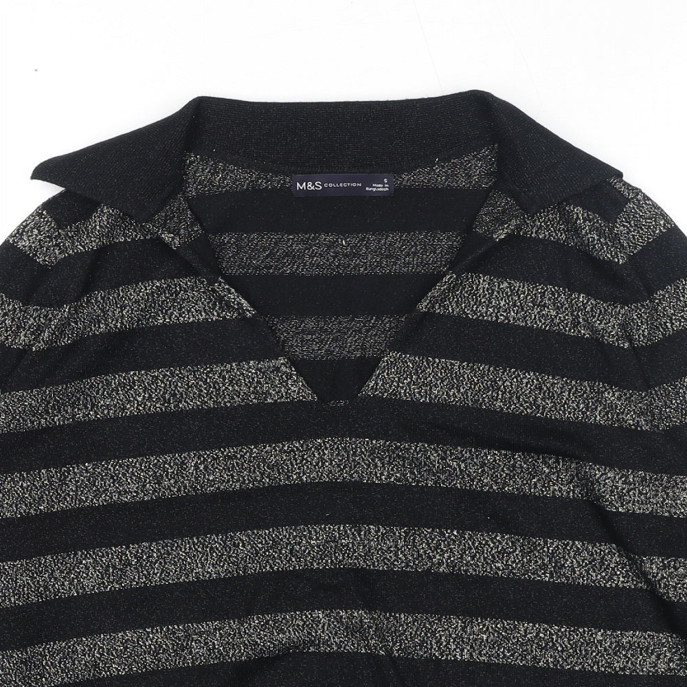 Marks and Spencer Womens Black Collared Striped Viscose Pullover Jumper Size S