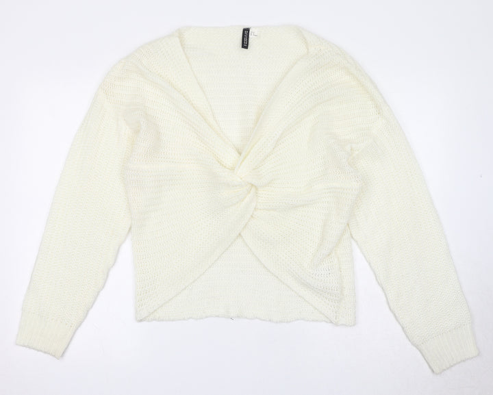 Divided by H&M Womens White V-Neck Acrylic Pullover Jumper Size M - Knot Front
