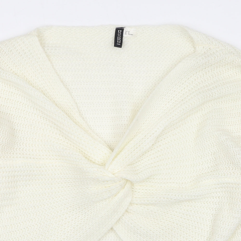 Divided by H&M Womens White V-Neck Acrylic Pullover Jumper Size M - Knot Front