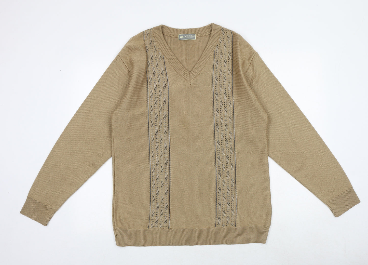 Woodville Mens Brown V-Neck Geometric Acrylic Pullover Jumper Size M Long Sleeve