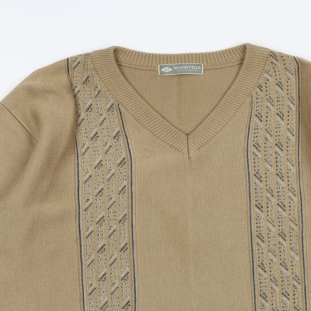 Woodville Mens Brown V-Neck Geometric Acrylic Pullover Jumper Size M Long Sleeve