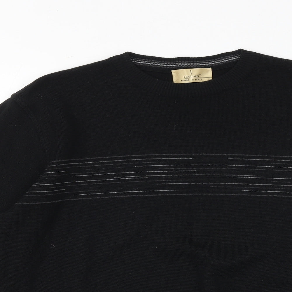 Marks and Spencer Mens Black Round Neck Striped Acrylic Pullover Jumper Size M Long Sleeve