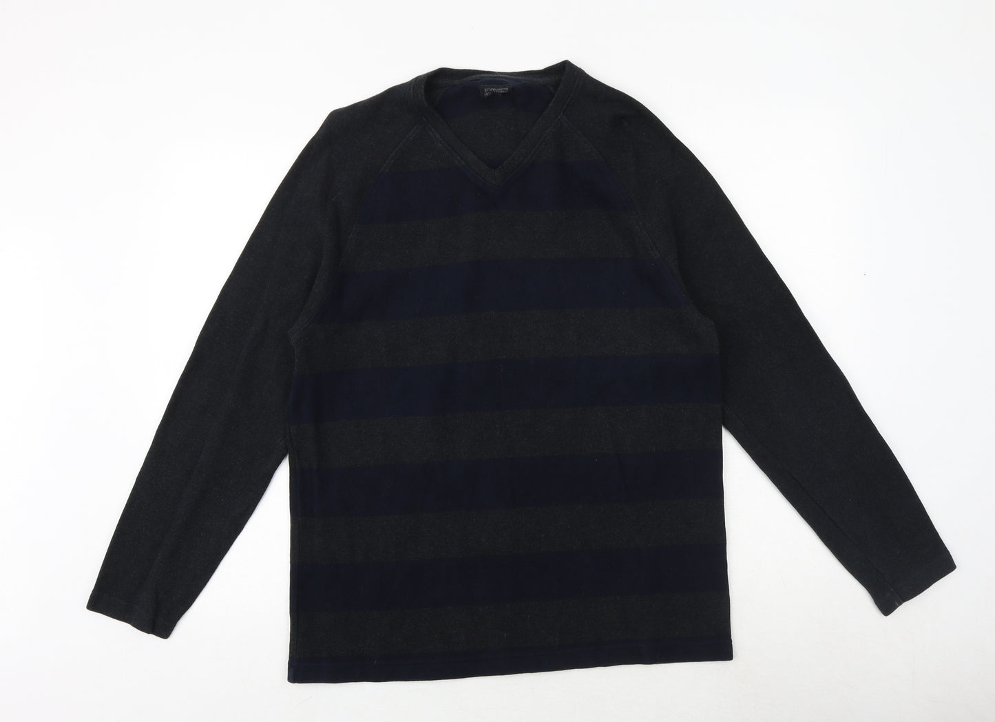 NEXT Mens Green V-Neck Striped Cotton Pullover Jumper Size L Long Sleeve