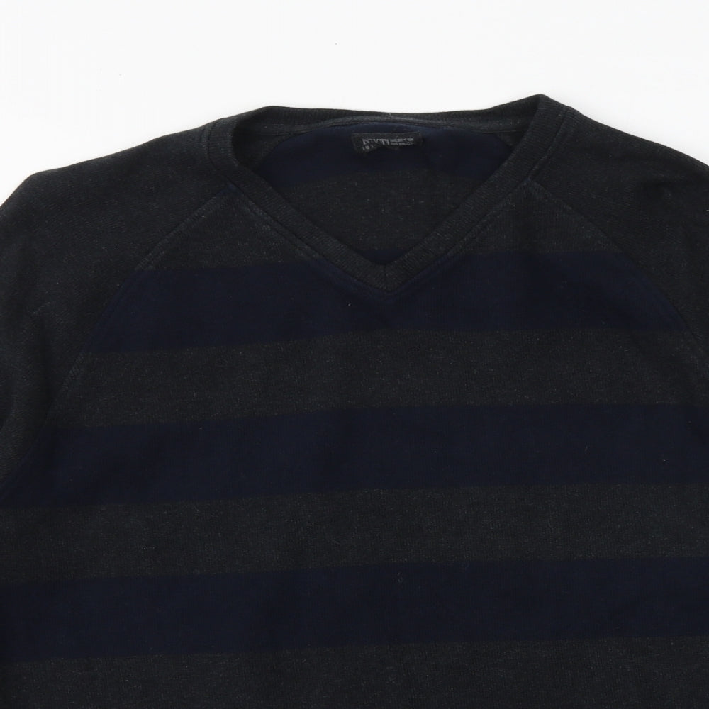 NEXT Mens Green V-Neck Striped Cotton Pullover Jumper Size L Long Sleeve