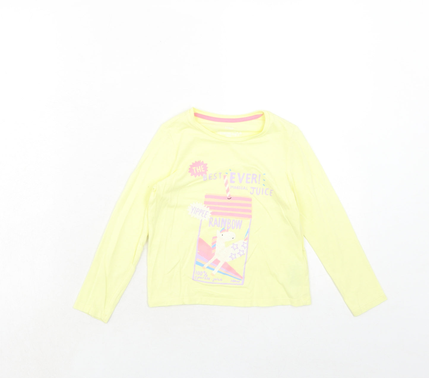 Marks and Spencer Girls Yellow Cotton Pullover T-Shirt Size 4-5 Years Round Neck Pullover - Unicorn