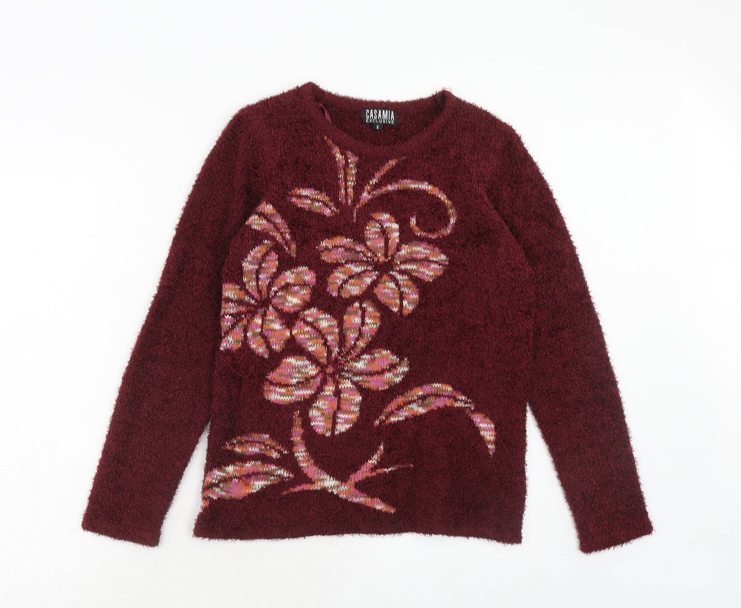 Casamia Womens Red Round Neck Floral Acrylic Pullover Jumper Size S
