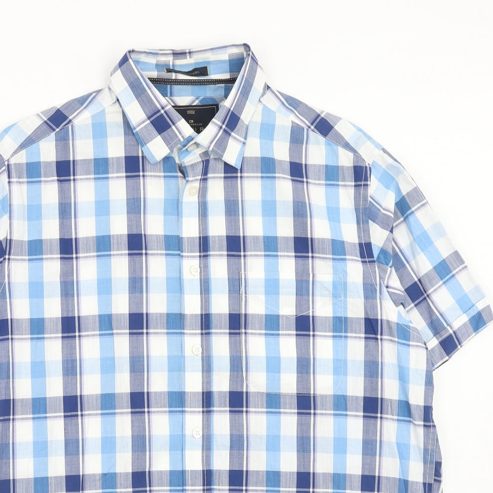 Marks and Spencer Mens Blue Plaid Cotton Button-Up Size L Collared Button