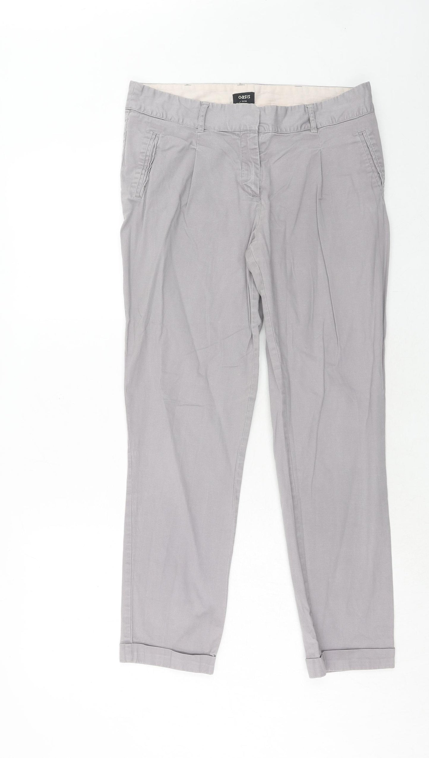 Oasis Womens Grey Cotton Chino Trousers Size 12 Regular Zip