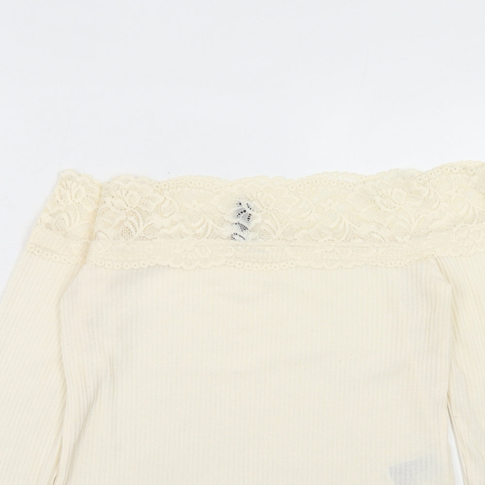 H&M Womens Ivory Polyamide Basic T-Shirt Size M Off the Shoulder - Lace Details