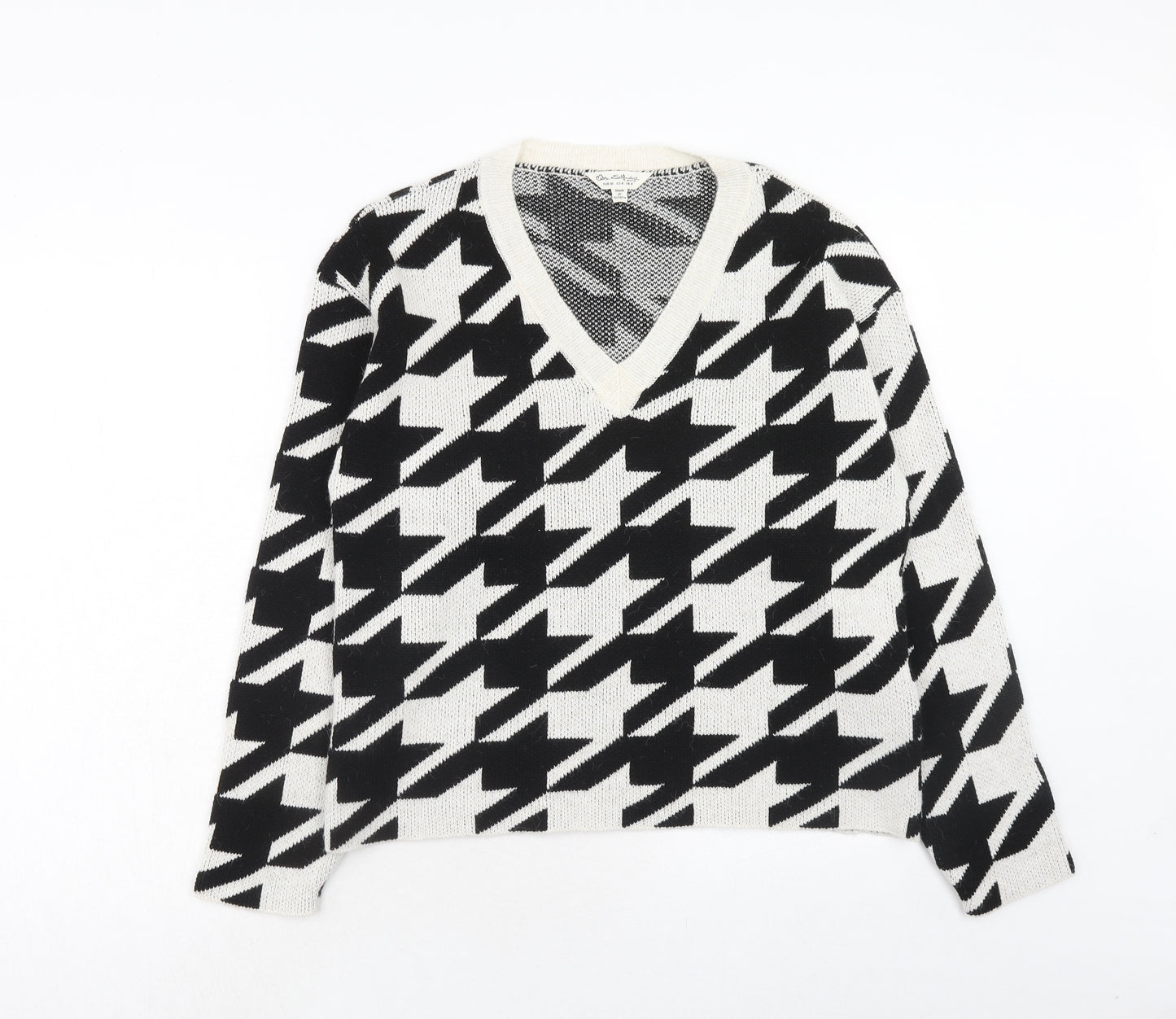 Miss Selfridge Womens Black V-Neck Geometric Acrylic Pullover Jumper Size 8