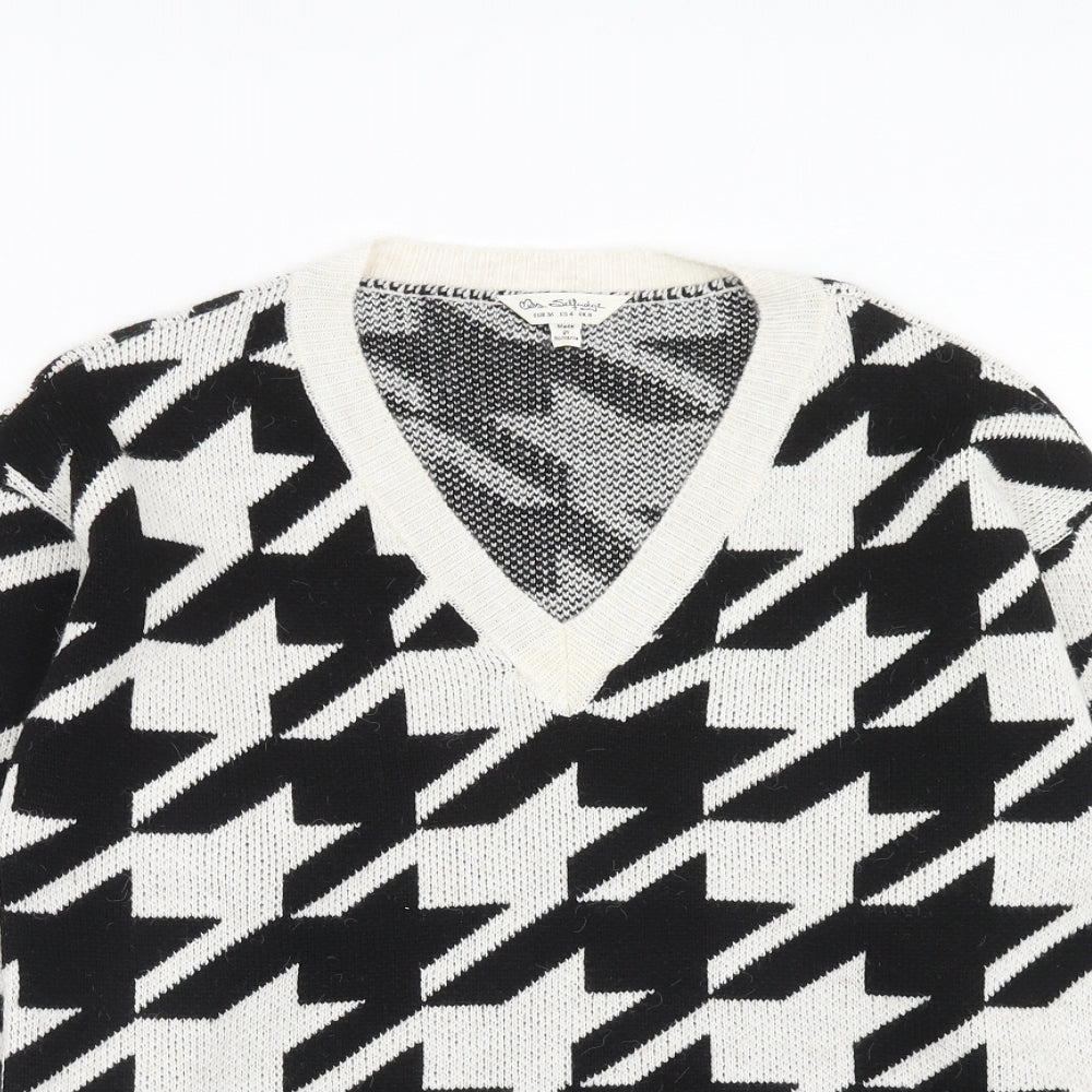 Miss Selfridge Womens Black V-Neck Geometric Acrylic Pullover Jumper Size 8