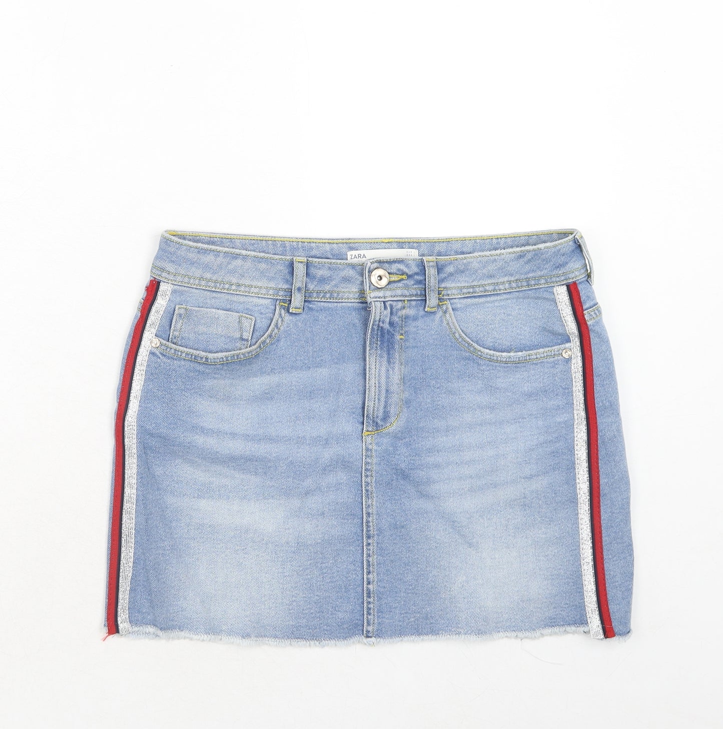Zara Womens Blue Cotton Mini Skirt Size L Zip