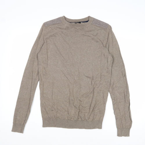 New Look Mens Beige Round Neck Cotton Pullover Jumper Size S Long Sleeve