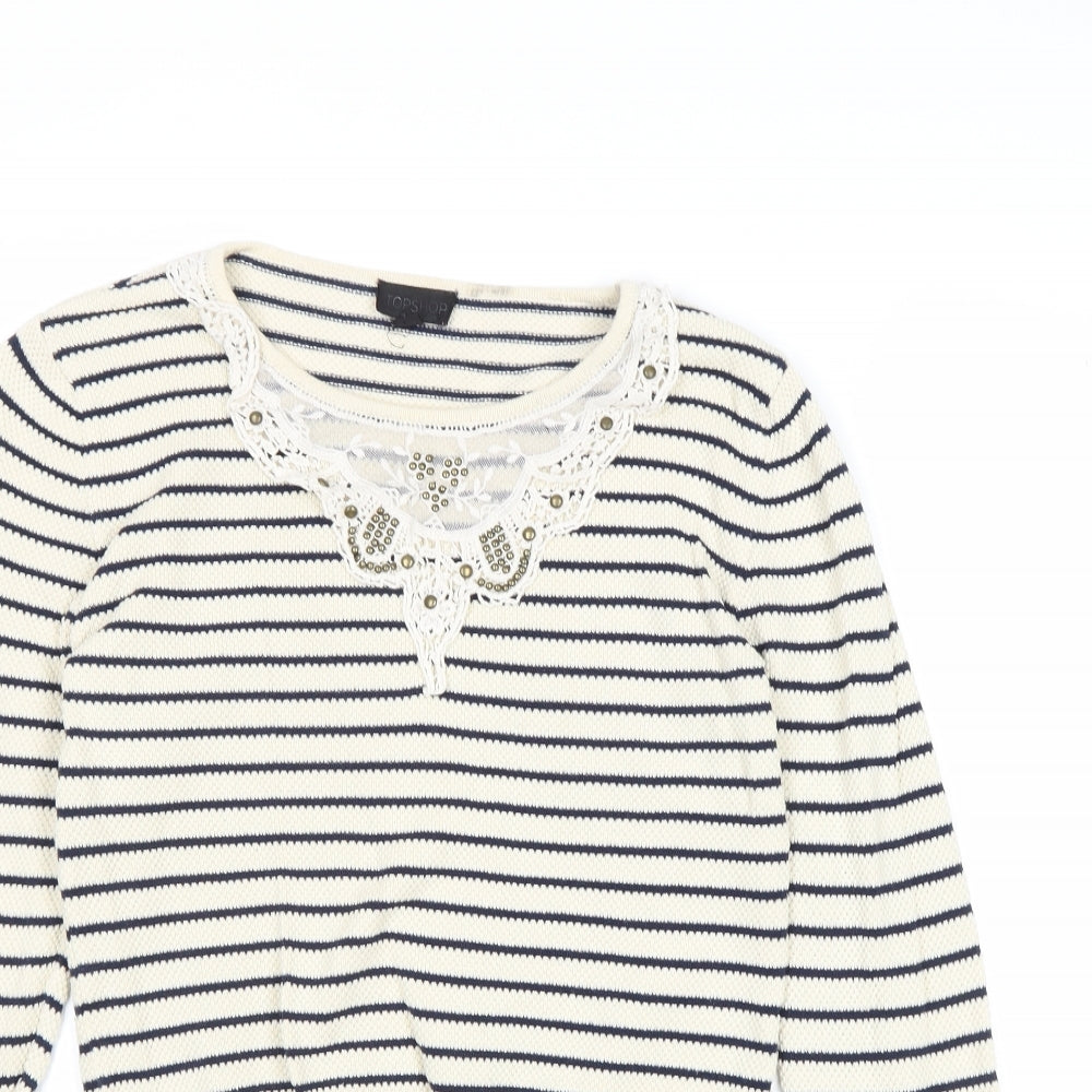 Topshop Womens Beige Round Neck Striped Cotton Pullover Jumper Size 10