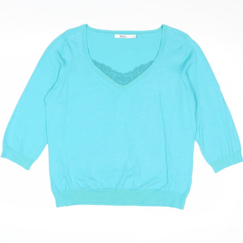 M&Co Womens Blue V-Neck Cotton Pullover Jumper Size L
