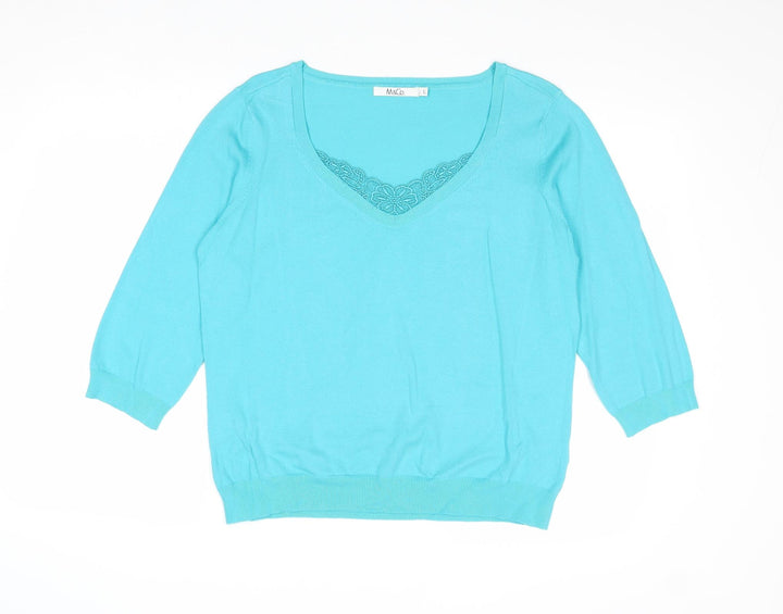 M&Co Womens Blue V-Neck Cotton Pullover Jumper Size L
