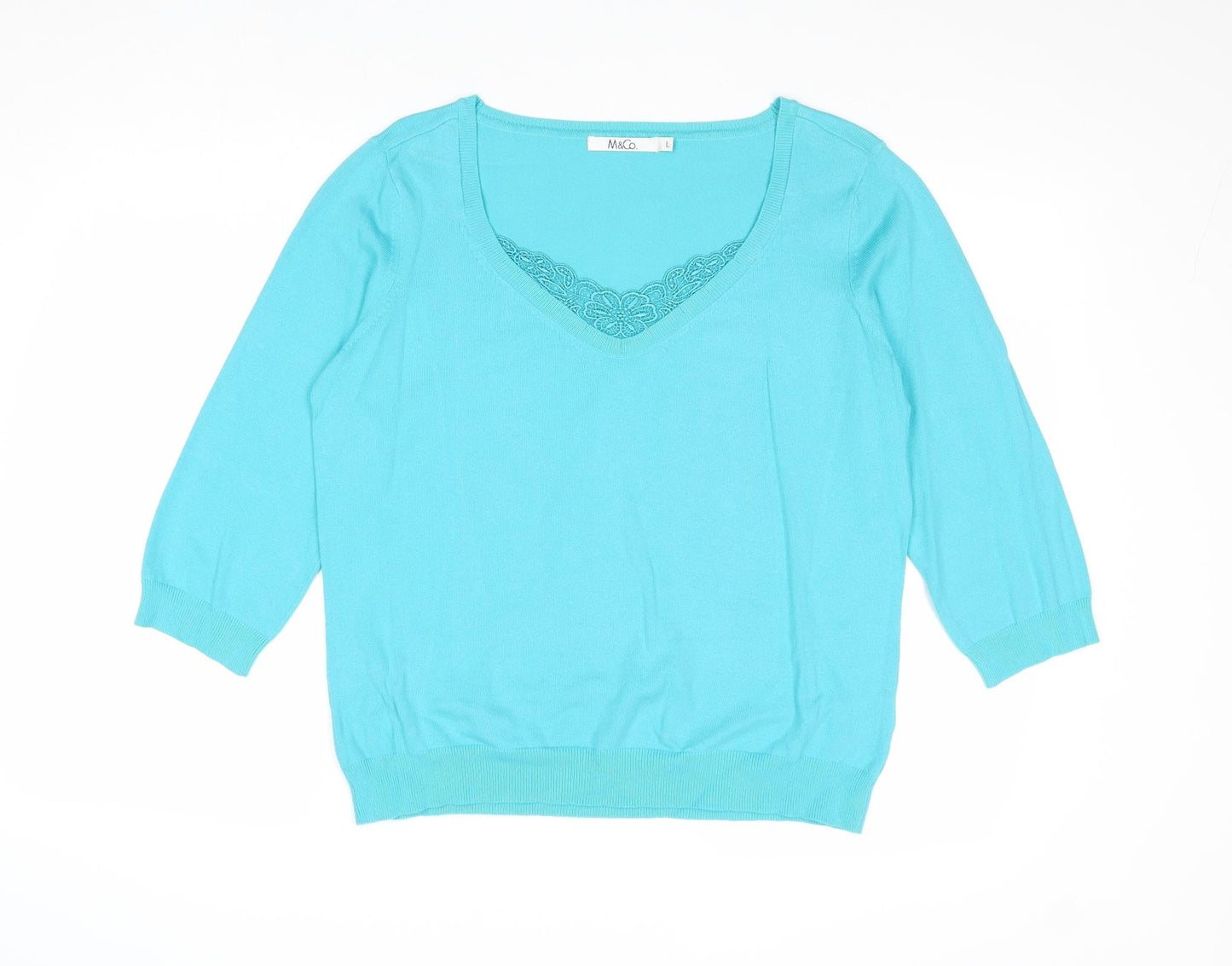 M&Co Womens Blue V-Neck Cotton Pullover Jumper Size L