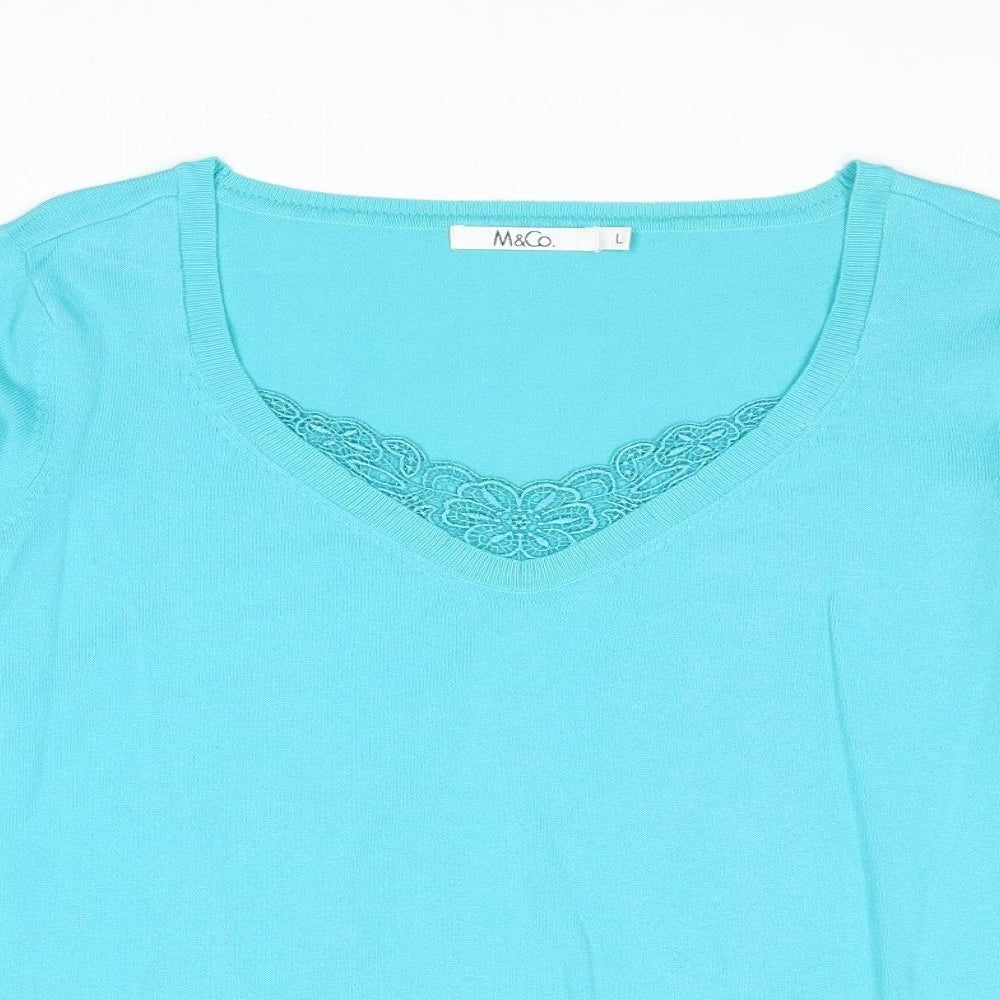 M&Co Womens Blue V-Neck Cotton Pullover Jumper Size L