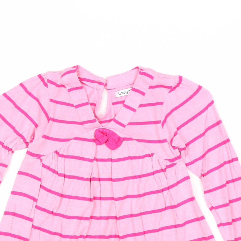 Ladybird Girls Pink Striped Viscose T-Shirt Dress Size 2-3 Years V-Neck Button