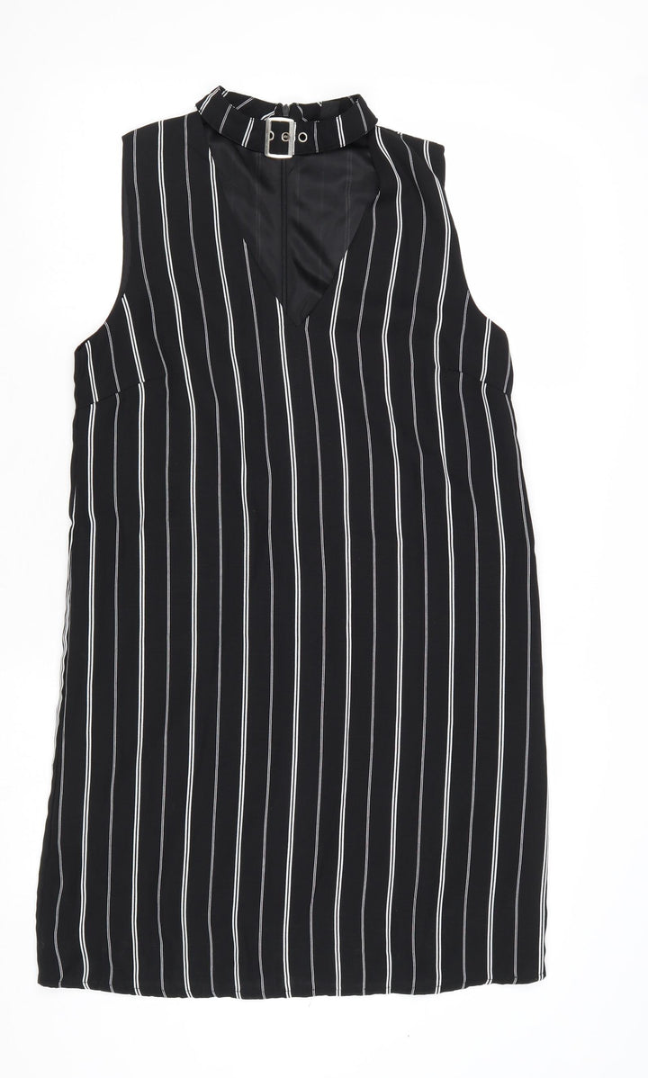 New Look Womens Black Striped Polyester A-Line Size 10 Halter Zip