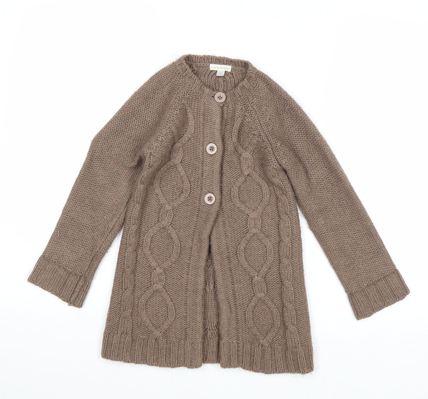 Vertbaudet Girls Brown Round Neck Acrylic Cardigan Jumper Size 4 Years Button