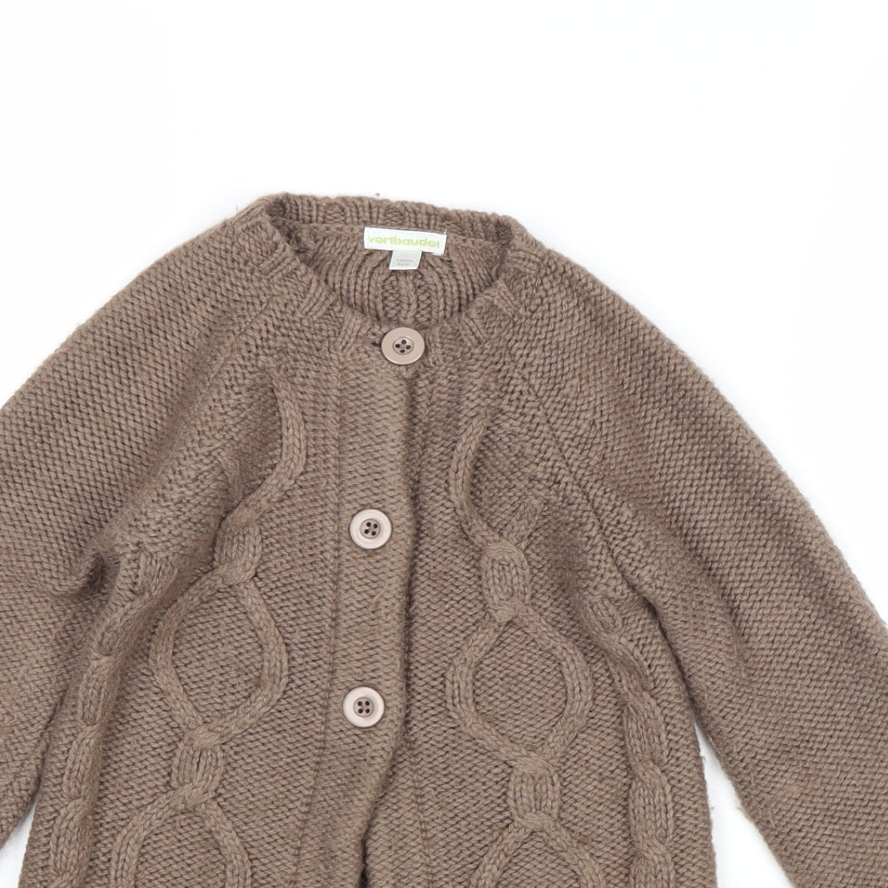 Vertbaudet Girls Brown Round Neck Acrylic Cardigan Jumper Size 4 Years Button