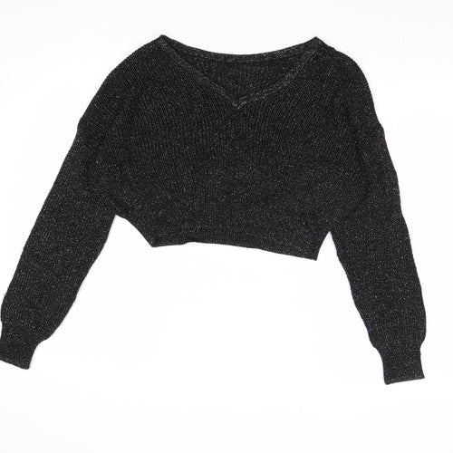 Sparkle & Fade Womens Black V-Neck Acrylic Pullover Jumper Size S