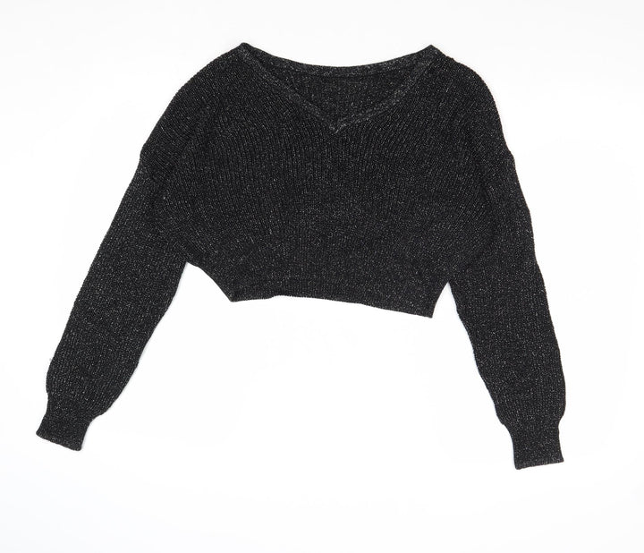 Sparkle & Fade Womens Black V-Neck Acrylic Pullover Jumper Size S