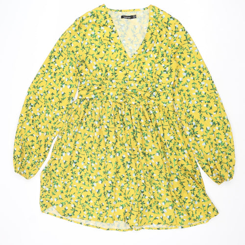 Boohoo Womens Yellow Floral Polyester Fit & Flare Size 10 V-Neck Zip