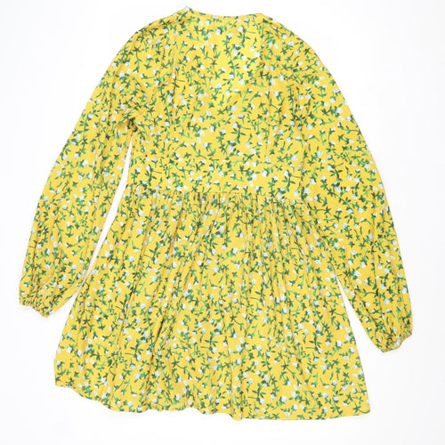 Boohoo Womens Yellow Floral Polyester Fit & Flare Size 10 V-Neck Zip