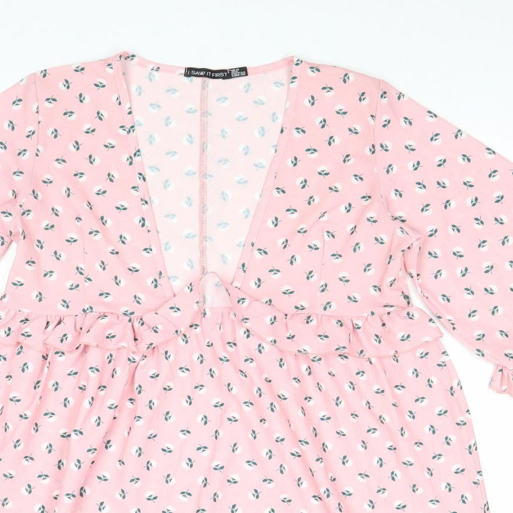 I SAW IT FIRST Womens Pink Floral Polyester A-Line Size 10 V-Neck Pullover