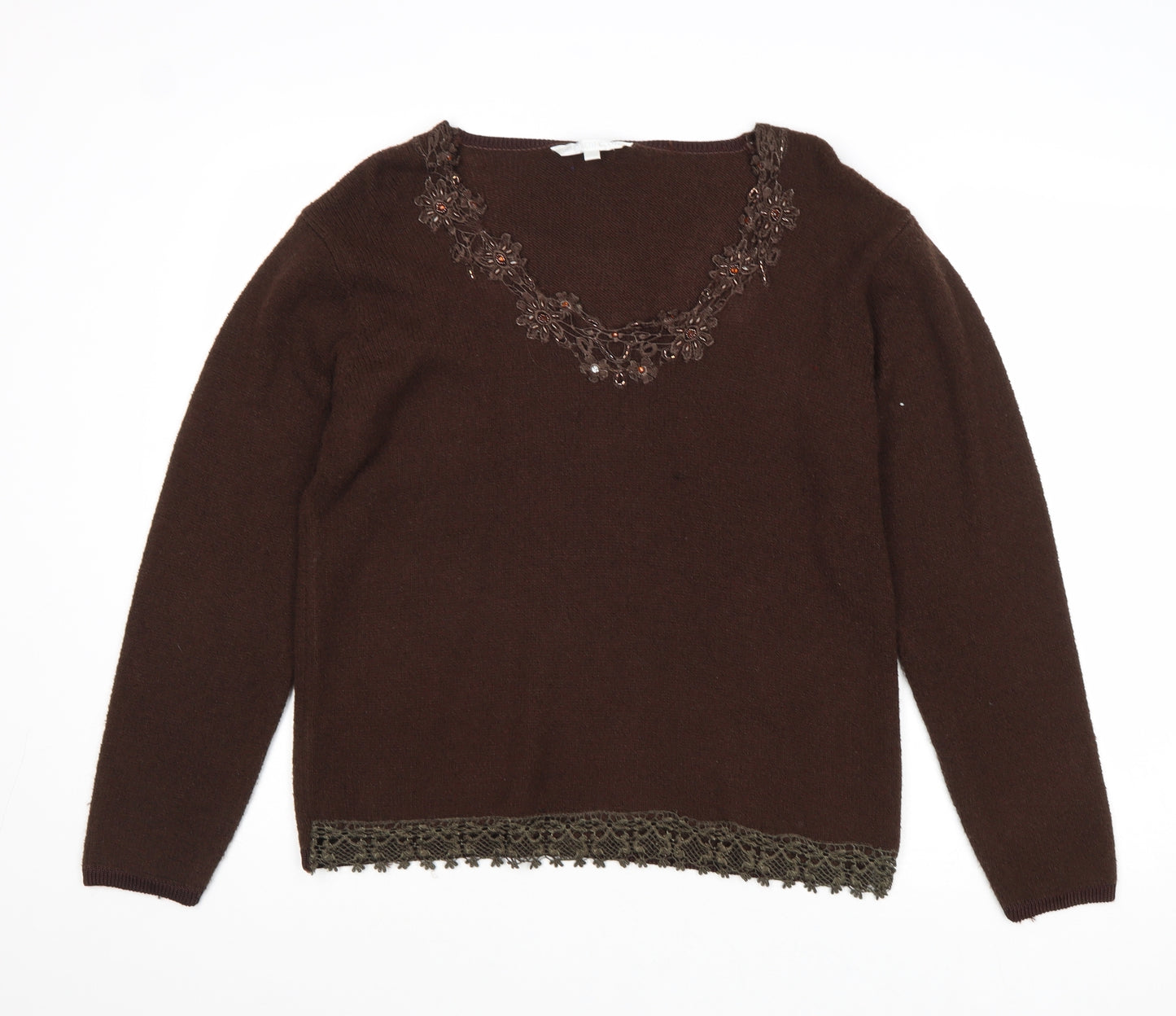 Elizabeth Scott Womens Brown V-Neck Acrylic Pullover Jumper Size S - Size S-M