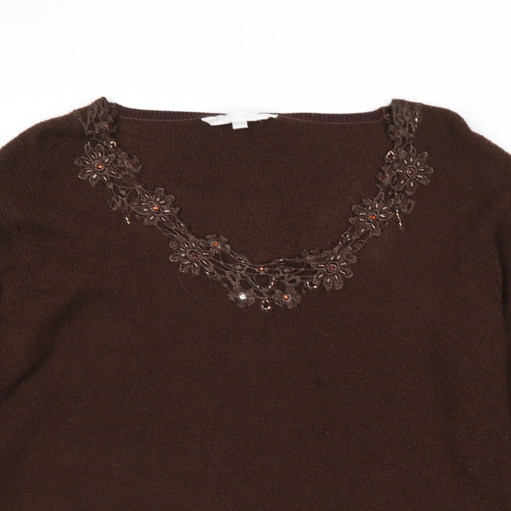 Elizabeth Scott Womens Brown V-Neck Acrylic Pullover Jumper Size S - Size S-M