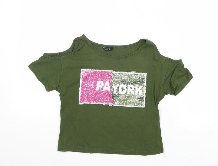 M&Co Girls Green Cotton Basic T-Shirt Size 11-12 Years Round Neck Pullover - Paris, New York, Cold Shoulder