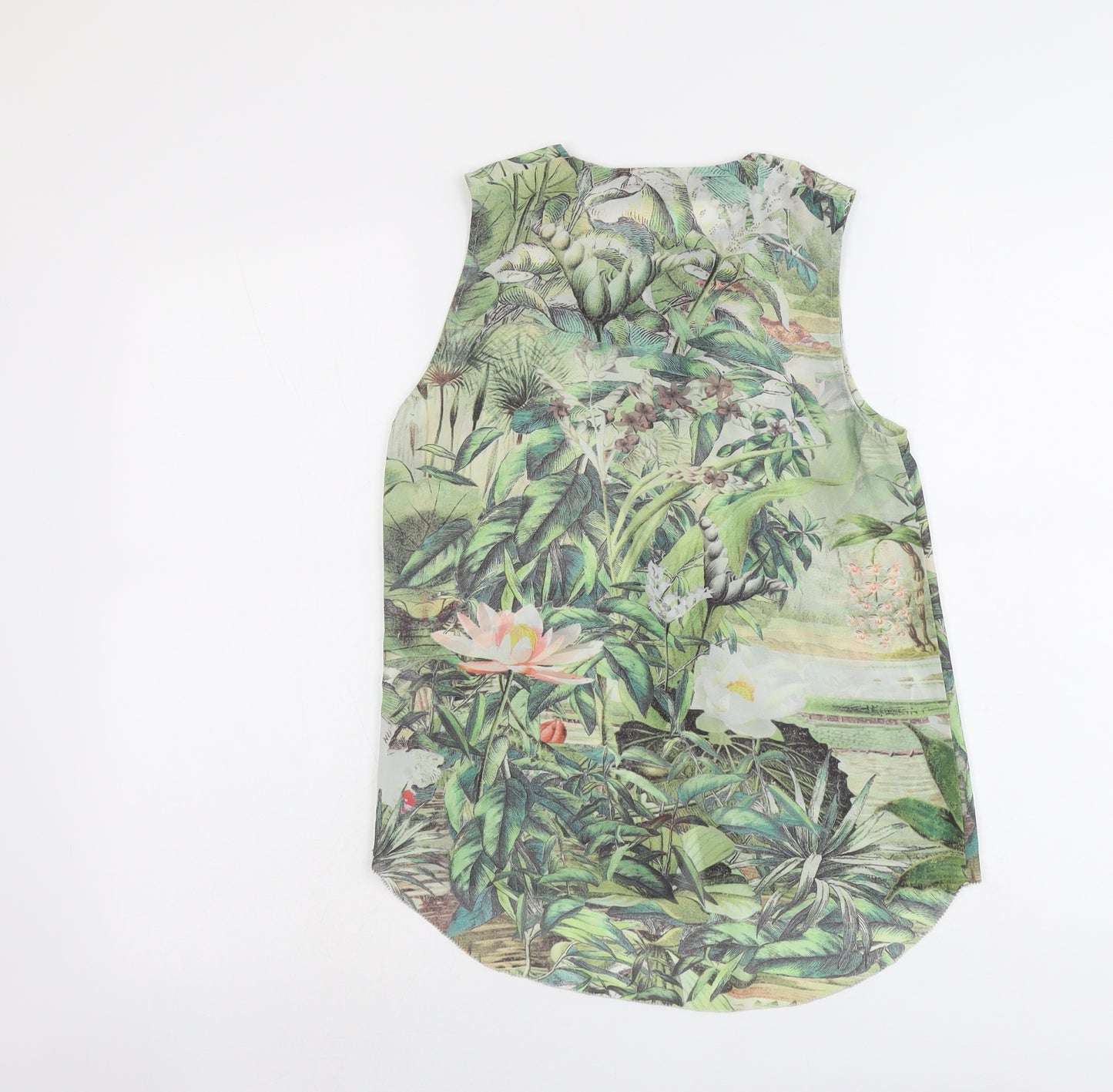 H&M Womens Green Geometric Polyester Basic Button-Up Size 6 Round Neck