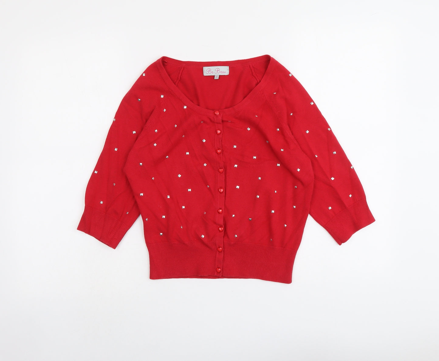Be Beau Womens Red Round Neck Cotton Cardigan Jumper Size 12